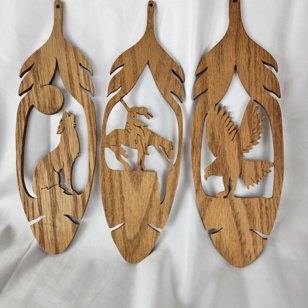 Vintage Native American Wooden Feather Bald Eagle , Wolf, Indian Leaf Carving -3